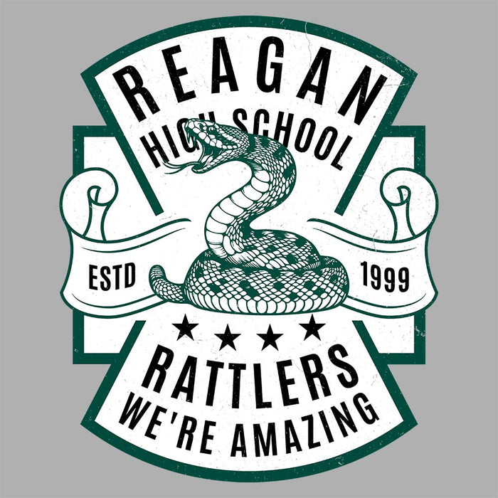 Close-up view of Reagan High School Rattlers Unisex 3/4 sleeve Raglan T-shirt 207