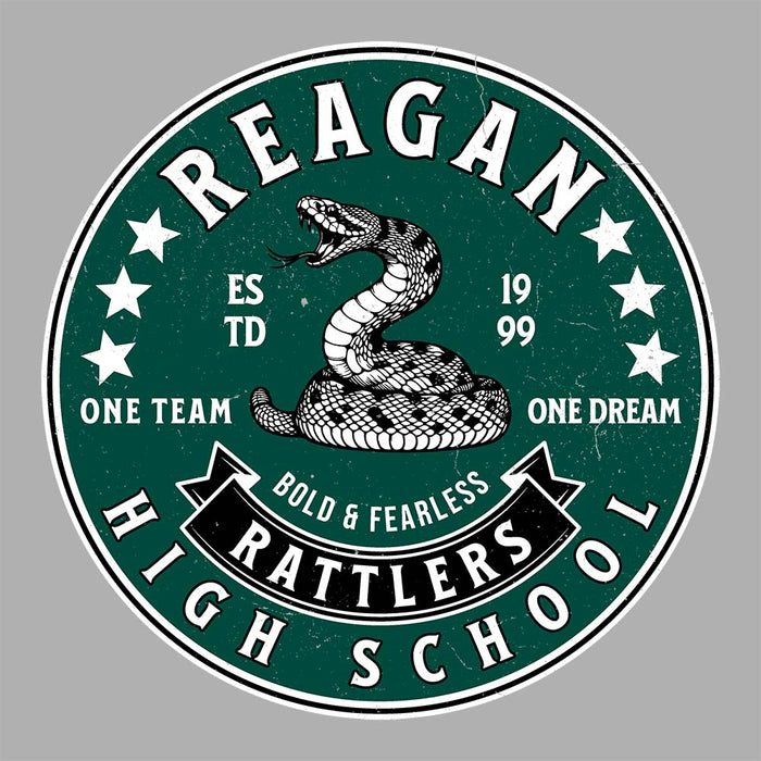 Close-up view of Reagan High School Rattlers Unisex 3/4 sleeve Raglan T-shirt 215