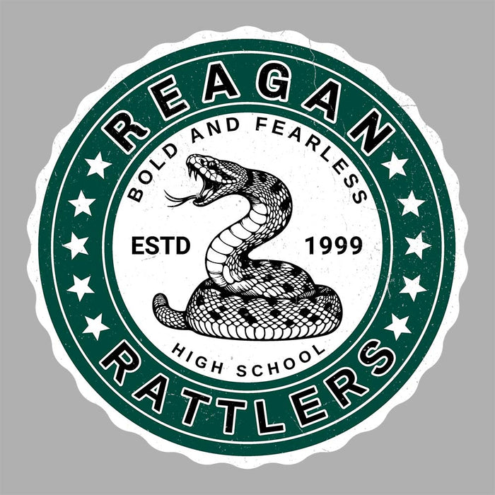 Close-up view of Reagan High School Rattlers Unisex 3/4 sleeve Raglan T-shirt 216