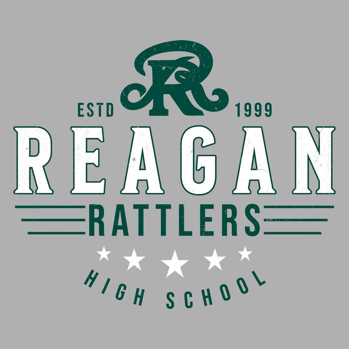 Close-up view of Reagan High School Rattlers Unisex 3/4 sleeve Raglan T-shirt 217