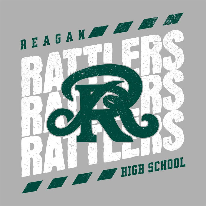 Close-up view of Reagan High School Rattlers Unisex 3/4 sleeve Raglan T-shirt 223