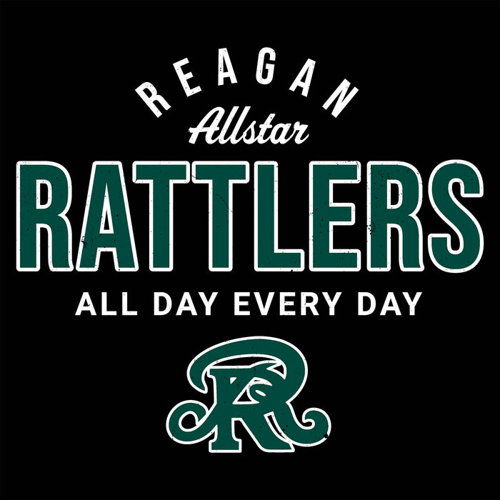 Close-up view of Reagan High School Rattlers Unisex 3/4 sleeve Raglan T-shirt 040