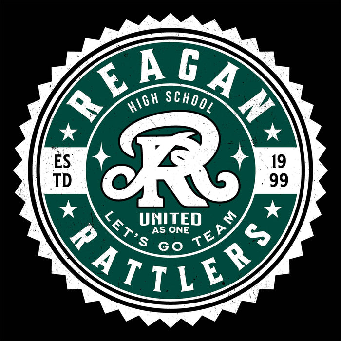 Close-up view of Reagan High School Rattlers Women's Black SoftStyle T-shirt 203