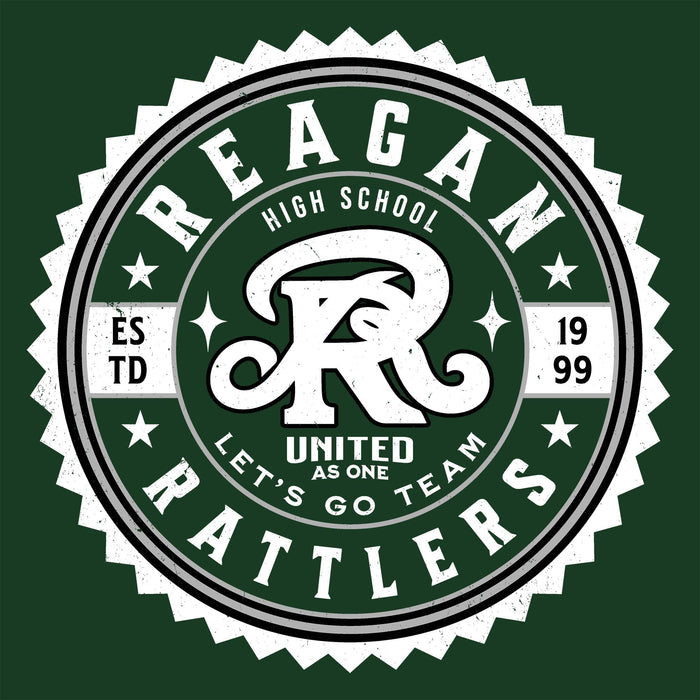 Circular logo with 'Reagan High School Rattlers' text and design on a green background - classic t-shirt design 203