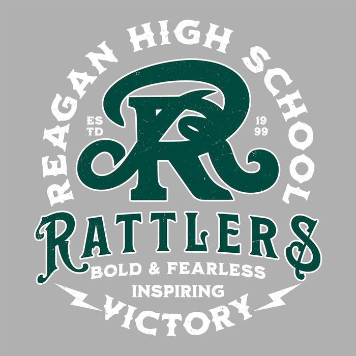 Reagan High School Rattlers logo on a gray background - classic t-shirt design 206