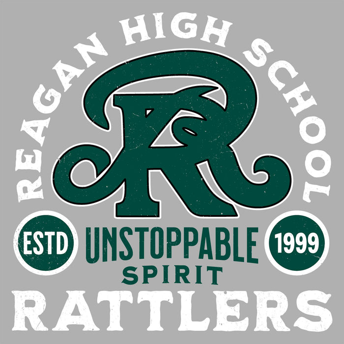 Close-up view of Reagan High School Rattlers Women's Grey SoftStyle T-shirt 208