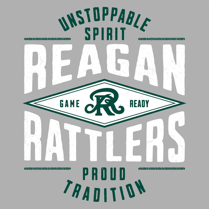 Close-up view of Reagan High School Rattlers Unisex 3/4 sleeve Raglan T-shirt 210
