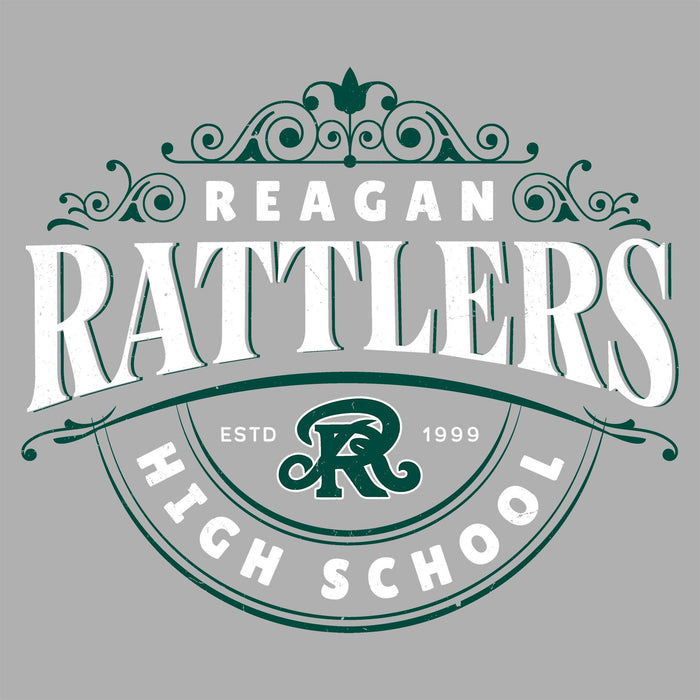 Reagan Rattlers High School logo with decorative elements on a gray background - classic t-shirt design 211