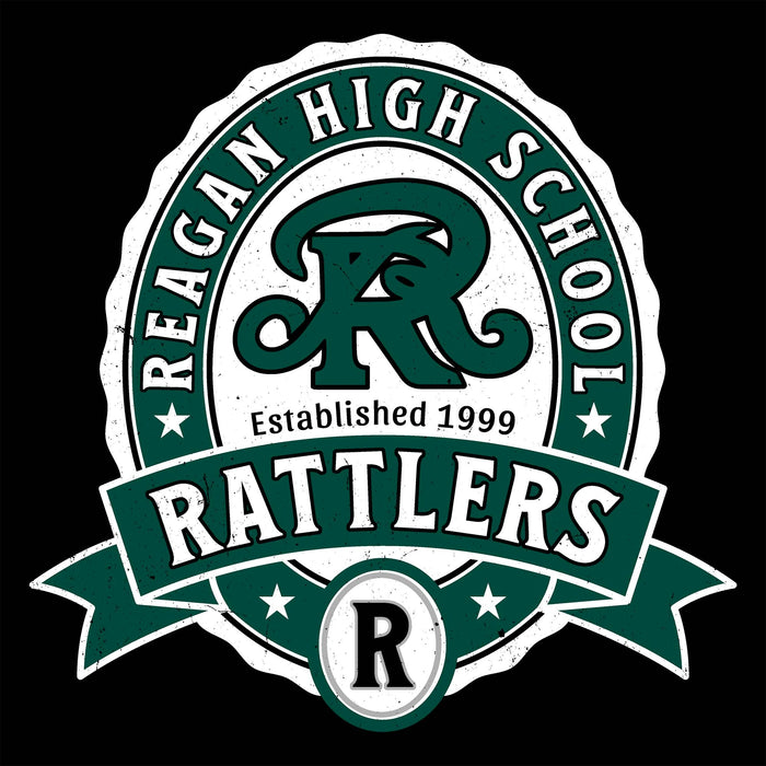 Close-up view of Reagan High School Rattlers Women's Black SoftStyle T-shirt 212