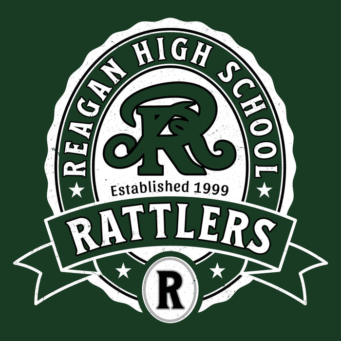 Reagan High School Rattlers logo on a green background - classic t-shirt design 212