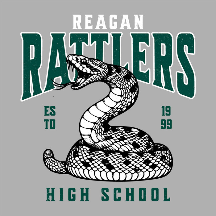 Close-up view of Reagan High School Rattlers Women's Grey SoftStyle T-shirt 213