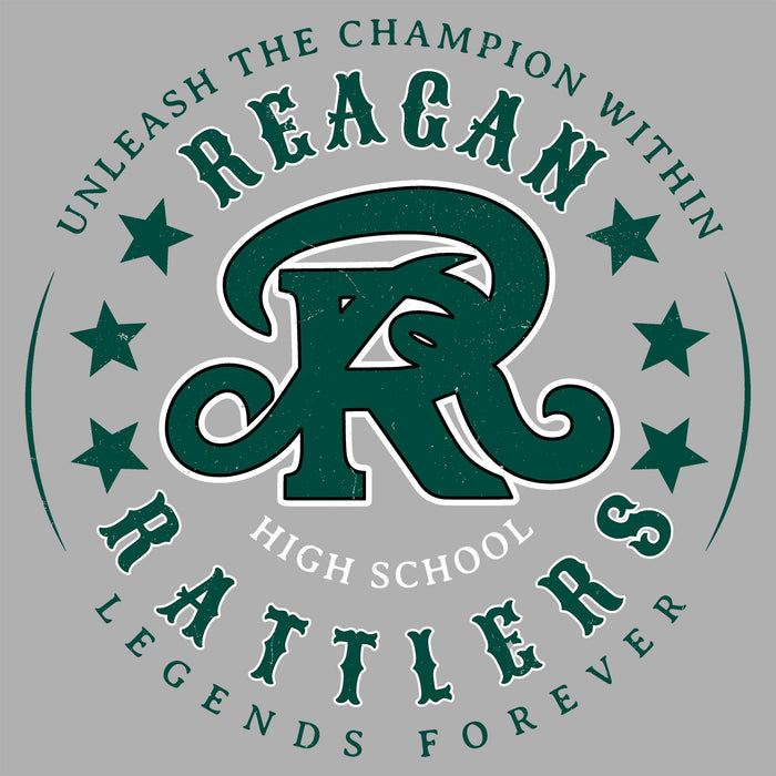 Close-up view of Reagan High School Rattlers Women's Grey SoftStyle T-shirt 214