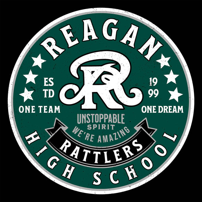 Close-up view of Reagan High School Rattlers Women's Black SoftStyle T-shirt 215
