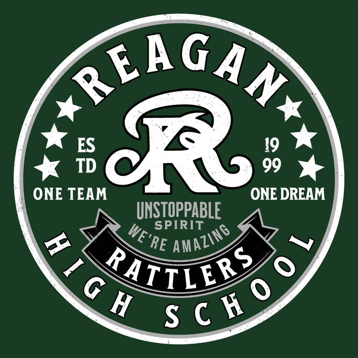 Circular logo with 'Reagan High School Rattlers' text and design elements on a green background - Classic t-shirt design 215
