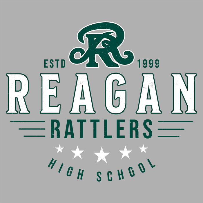 Close-up view of Reagan High School Rattlers Unisex 3/4 sleeve Raglan T-shirt 217