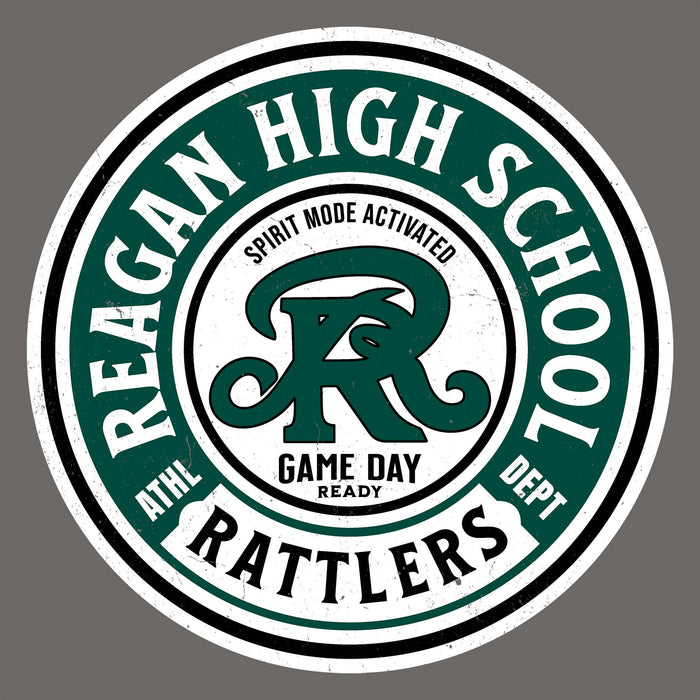 Circular logo with 'Reagan High School Rattlers' text and design on a gray background - classic t-shirt design 220