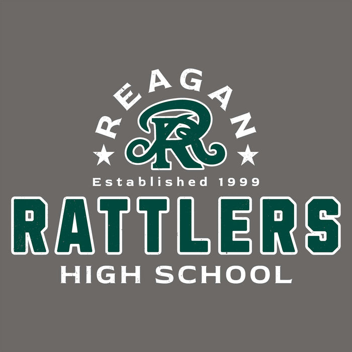 Reagan Rattlers High School logo on a gray background - classic t-shirt design 222