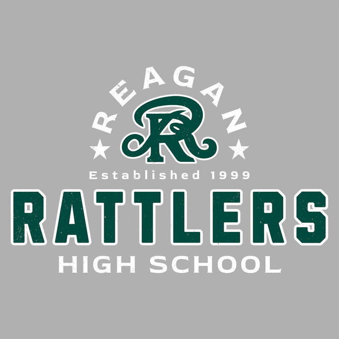 Close-up view of Reagan High School Rattlers Women's Grey SoftStyle T-shirt 222