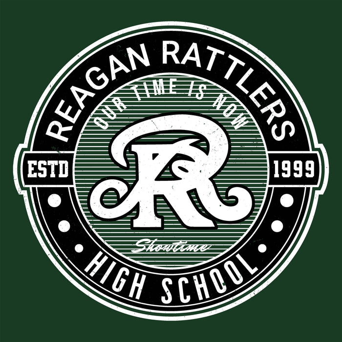 Reagan Rattlers High School logo with green and white design on a green background - classic t-shirt design 224