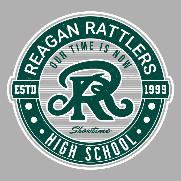 Close-up view of Reagan High School Rattlers Unisex 3/4 sleeve Raglan T-shirt 224