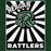 Reagan Rattlers logo with a stylized 'R' on a black and white striped  background - classic t-shirt design 226