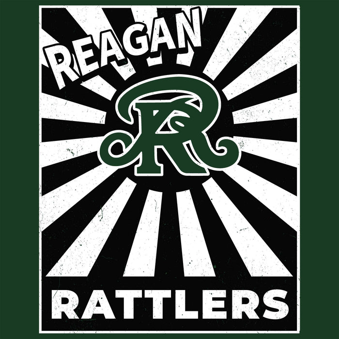 Reagan Rattlers logo with a stylized 'R' on a black and white striped  background - classic t-shirt design 226