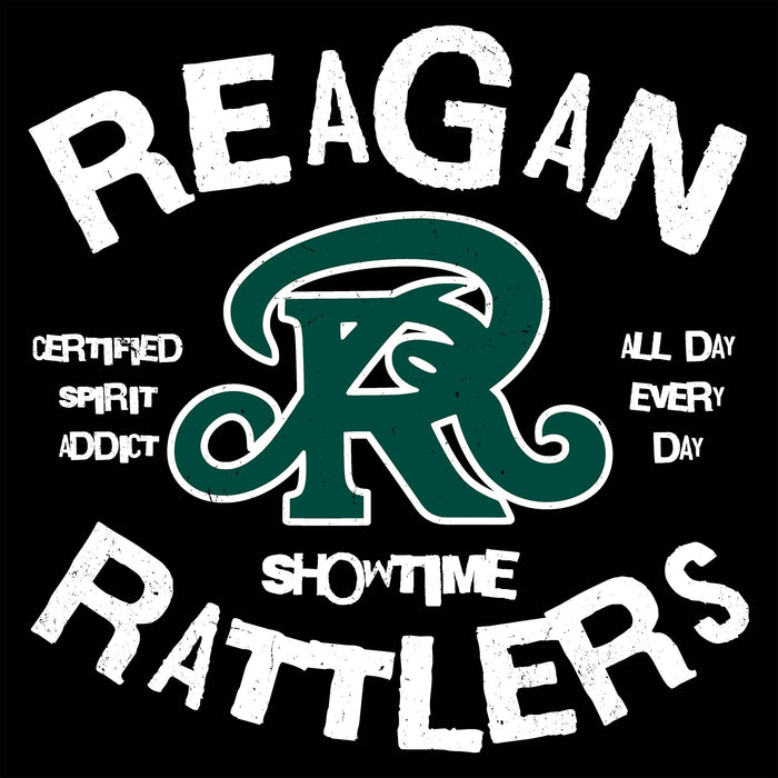 Close-up view of Reagan High School Rattlers Unisex 3/4 sleeve Raglan T-shirt 228