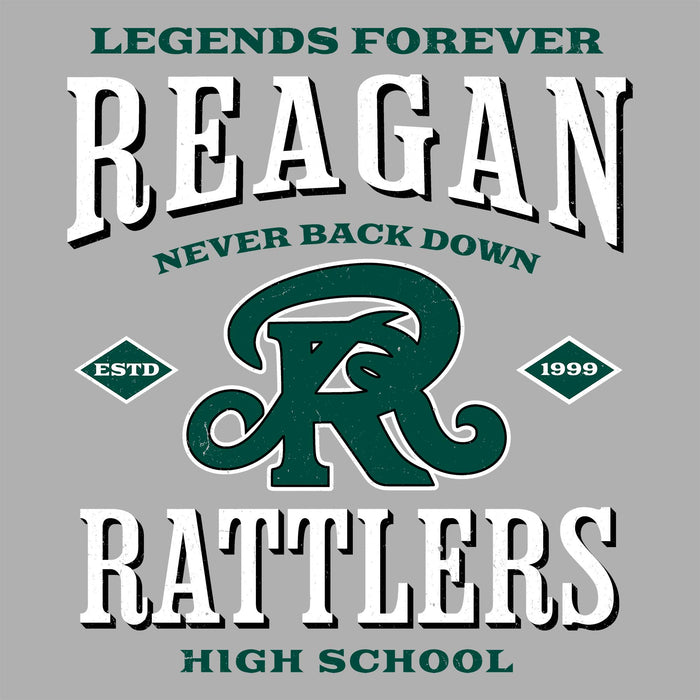 Close-up view of Reagan High School Rattlers Unisex 3/4 sleeve Raglan T-shirt 230