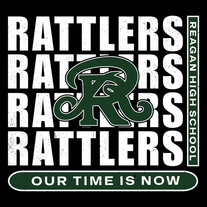 Reagan High School Rattlers logo with text 'Our Time is Now' on a black background - classic t-shirt design 235