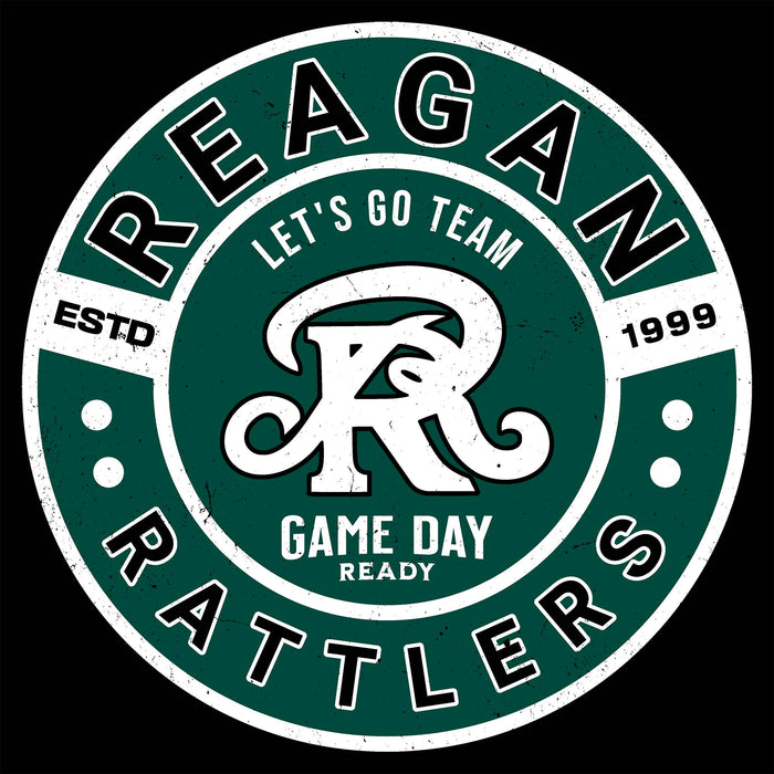 Circular logo for Reagan Rattlers sports team with text and a large 'R' in the center. - classic t-shirt design 239