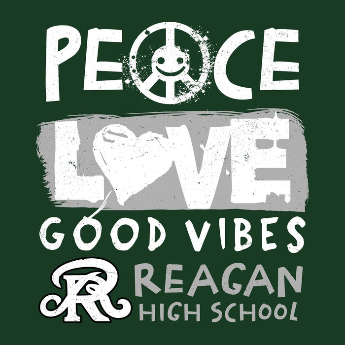 Motivational text 'Peace Love Good Vibes Reagan High School' on a green background with a peace symbol. - classic t-shirt design 240