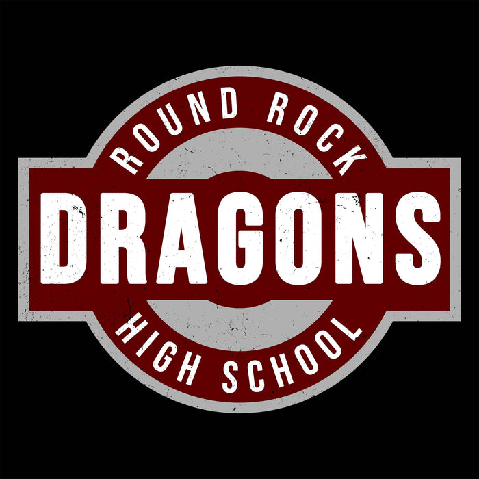 A circular and rectangular school logo reading 'ROUND ROCK DRAGONS HIGH SCHOOL' in white text over a distressed red, white, and gray design on a black background.
