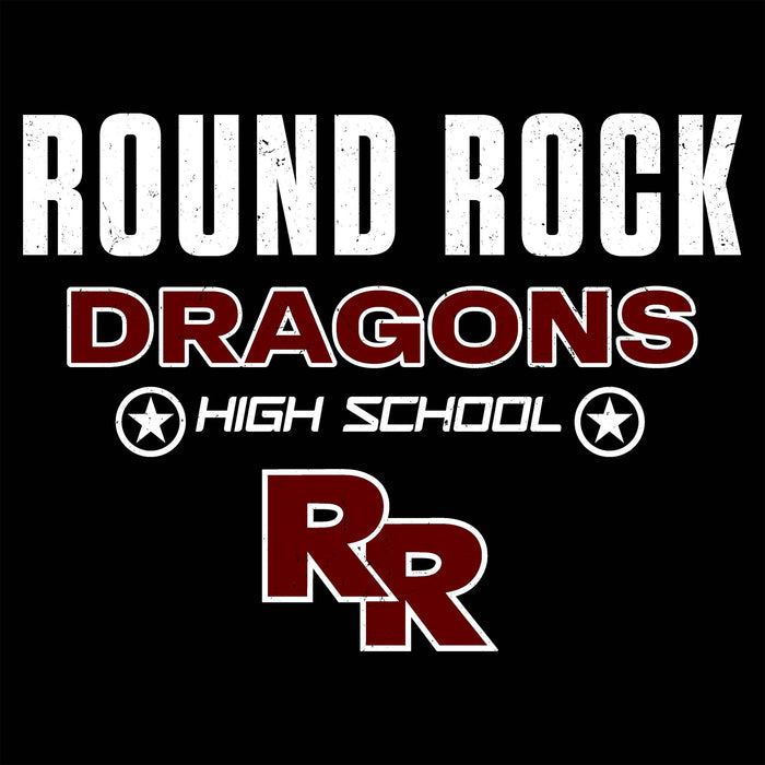 Round Rock Dragons High School graphic design featuring distressed white and maroon text on a black background, with an 'RR' monogram logo at the bottom.