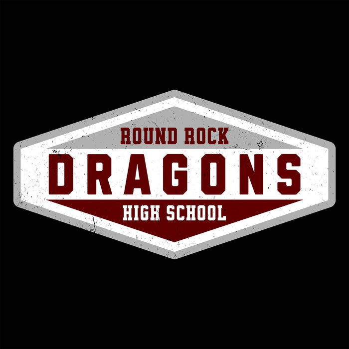 A distressed hexagonal school emblem reading 'ROUND ROCK DRAGONS HIGH SCHOOL' in Maroon and white on a black background.