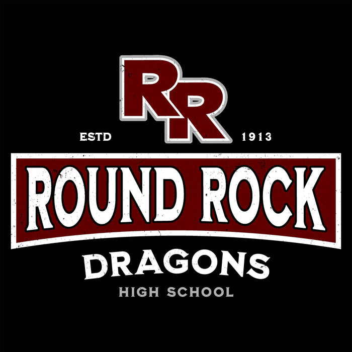 Round Rock Dragons High School logo featuring a stylized 'RR' emblem and the words 'ROUND ROCK DRAGONS HIGH SCHOOL' in white and maroon on a black background.