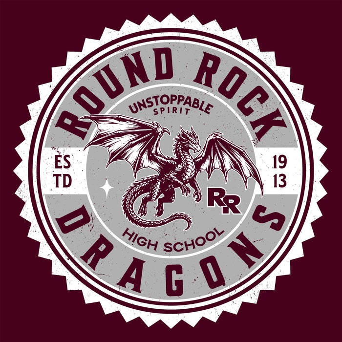 Close-up view of Round Rock High School Dragons Maroon Classic Unisex T-shirt 203