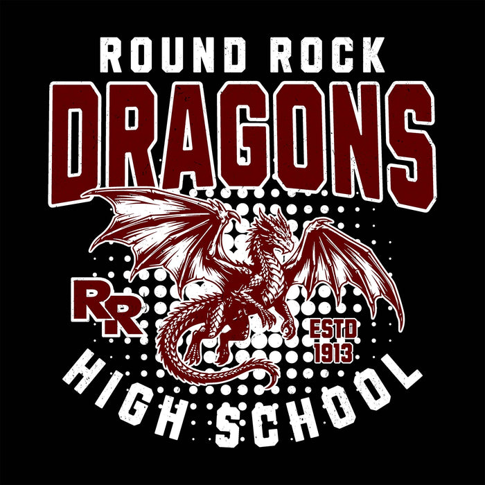 A black graphic design featuring a maroon dragon illustration with the text 'ROUND ROCK DRAGONS' at the top, 'RR' on the left, 'ESTD 1913' on the right, and 'HIGH SCHOOL' curved at the bottom in white and red.