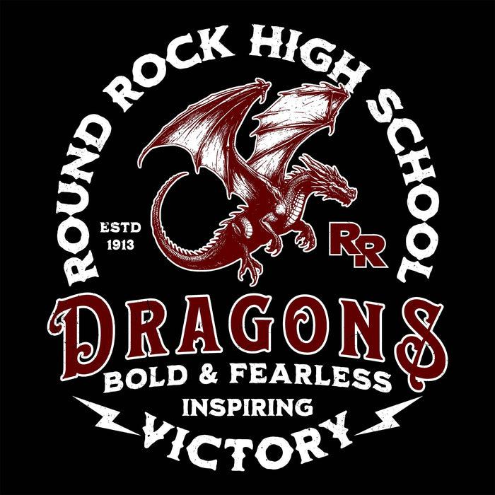 Close-up view of Round Rock High School Dragons Unisex 3/4 sleeve Raglan T-shirt 206