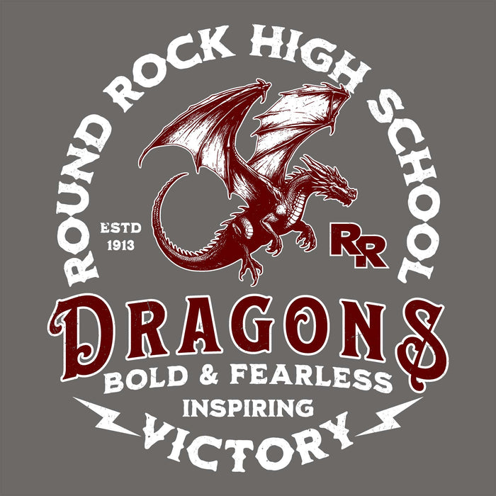 Close-up view of Round Rock High School Dragons Dark Grey Classic Unisex T-shirt 206
