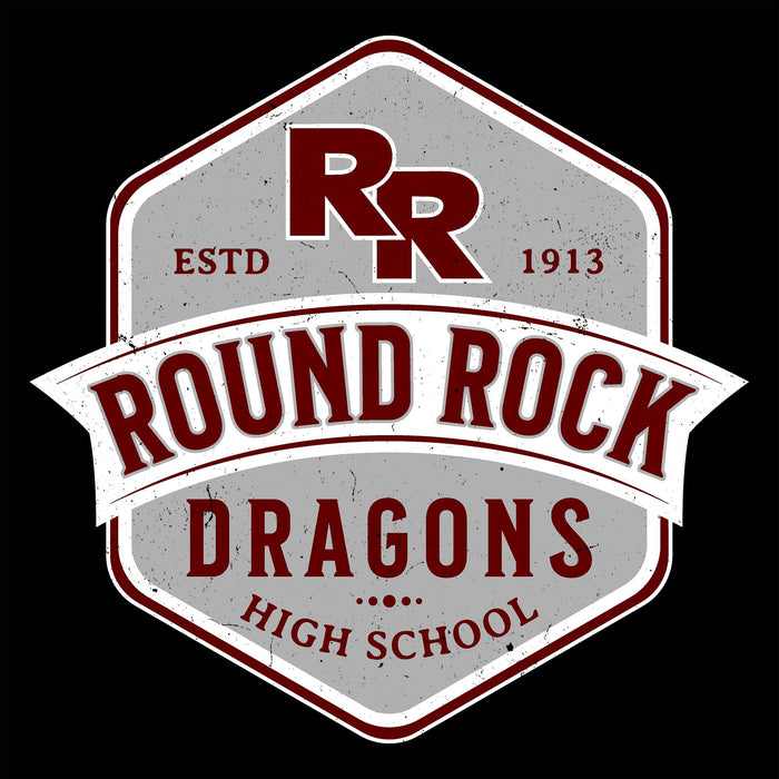 A vintage-style shield logo reading 'Round Rock Dragons High School' with a large 'RR' mark and 'Estd 1913' on a black background.