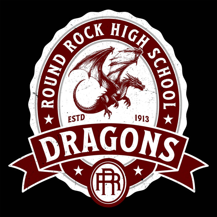 A circular vintage-style school emblem reading 'ROUND ROCK HIGH SCHOOL' with a central dragon illustration and a ribbon banner below reading 'DRAGONS'. The design is maroon and white on a black background.