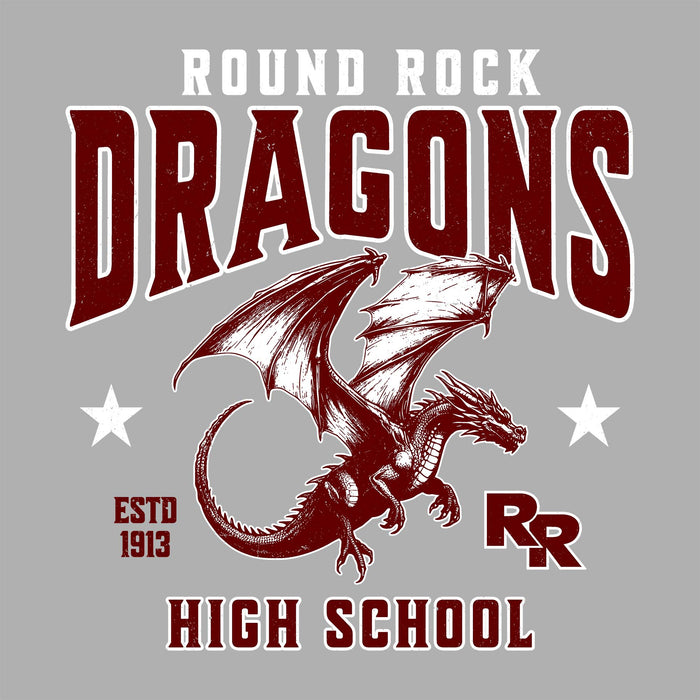Close-up view of Round Rock High School Dragons Women's Grey SoftStyle T-shirt 213