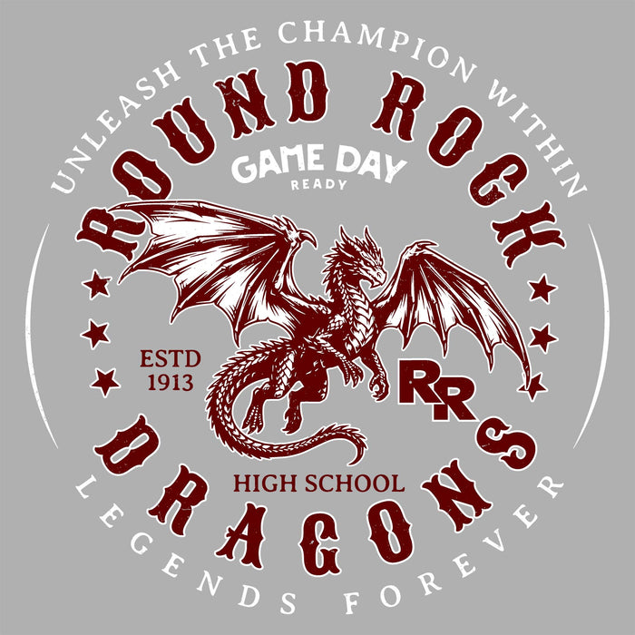Close-up view of Round Rock High School Dragons Women's Grey SoftStyle T-shirt 214