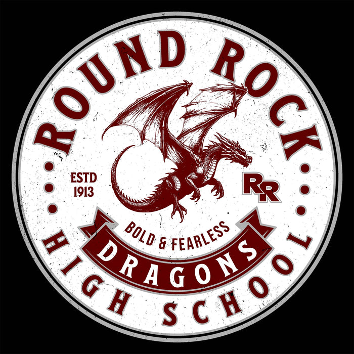 Close-up view of Round Rock High School Dragons Unisex 3/4 sleeve Raglan T-shirt 215