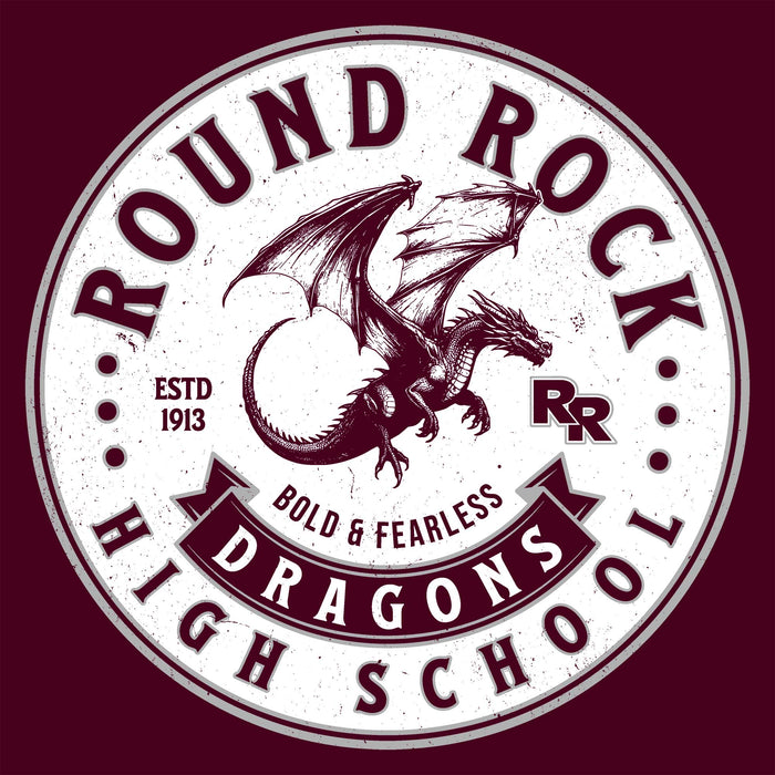 Close-up view of Round Rock High School Dragons Maroon Classic Unisex T-shirt 215