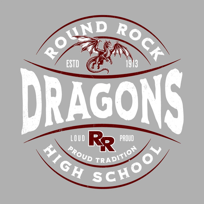 Close-up view of Round Rock High School Dragons Unisex 3/4 sleeve Raglan T-shirt 218