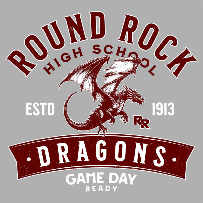 Close-up view of Round Rock High School Dragons Unisex 3/4 sleeve Raglan T-shirt 221