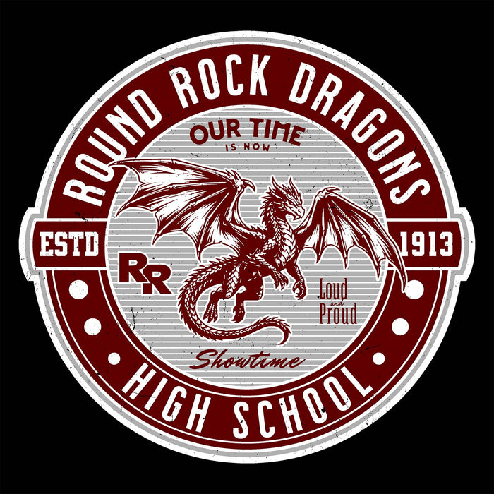 Close-up view of Round Rock High School Dragons Women's Black SoftStyle T-shirt 224