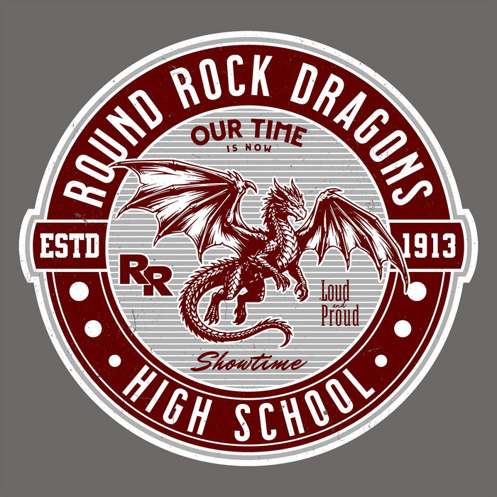 Close-up view of Round Rock High School Dragons Dark Grey Classic Unisex T-shirt 224