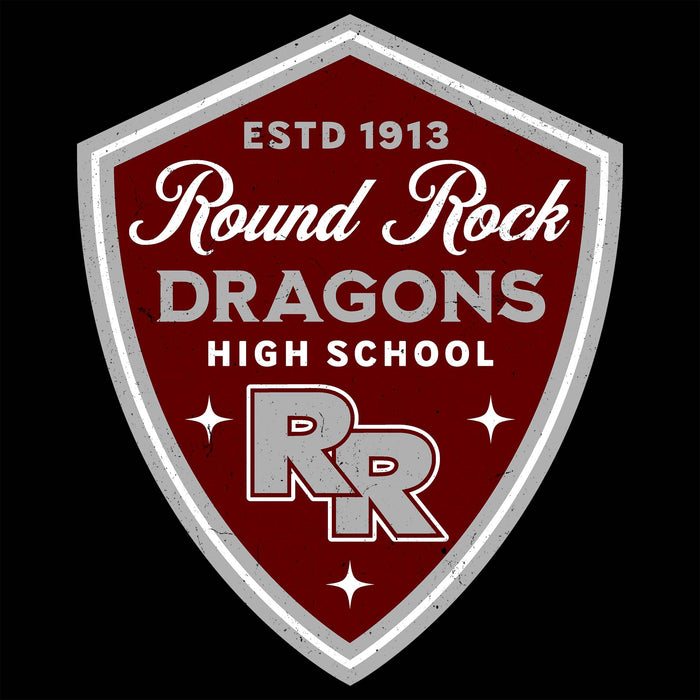 A shield-shaped school emblem reading 'Round Rock Dragons High School' with 'ESTD 1913' at the top, a large 'RR' monogram, and small star accents on a black background.